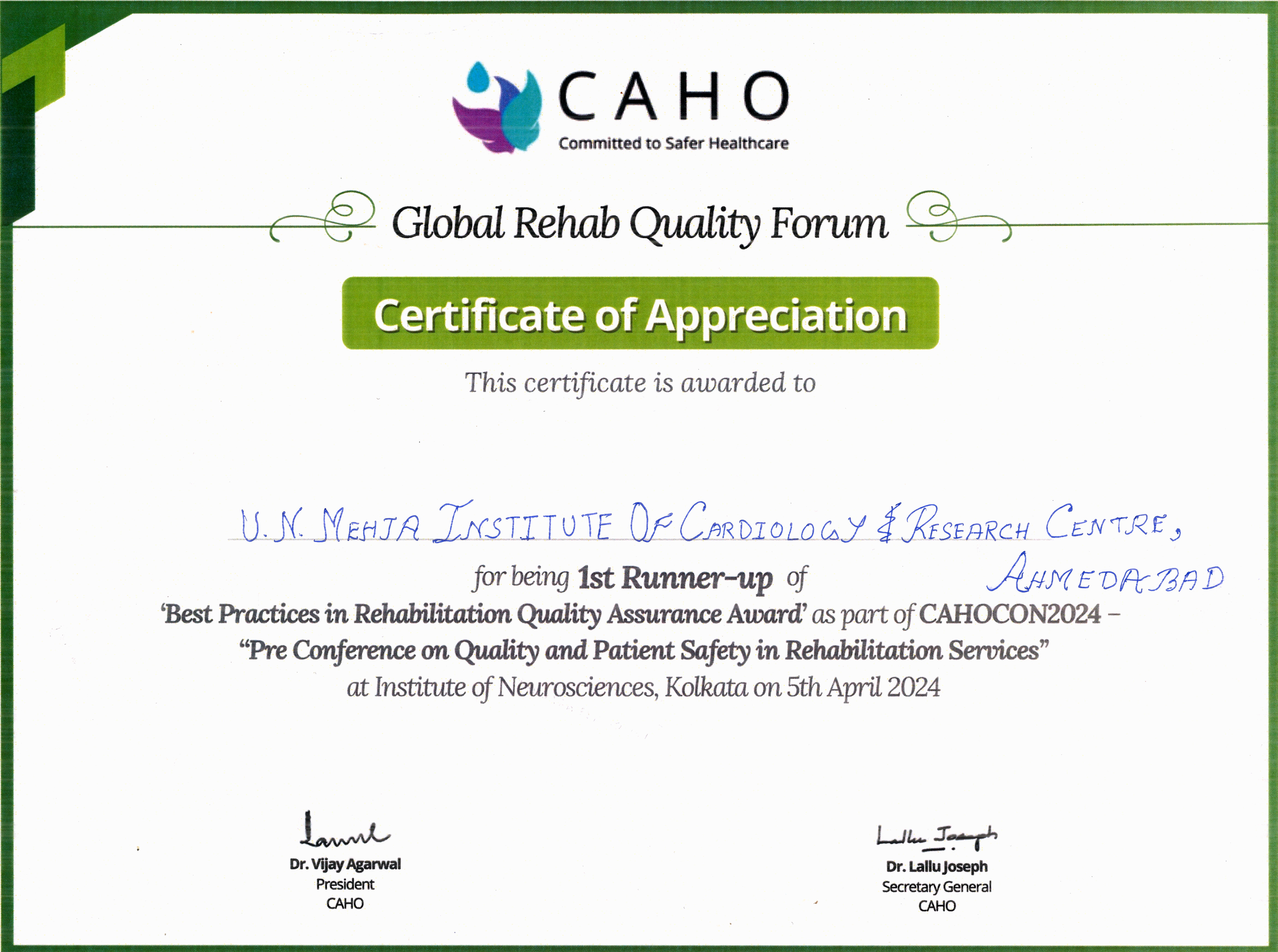 1st RUNNER UP OF BEST PRACTICES IN REHABILITATION QUALITY ASSURANCE AWARD 