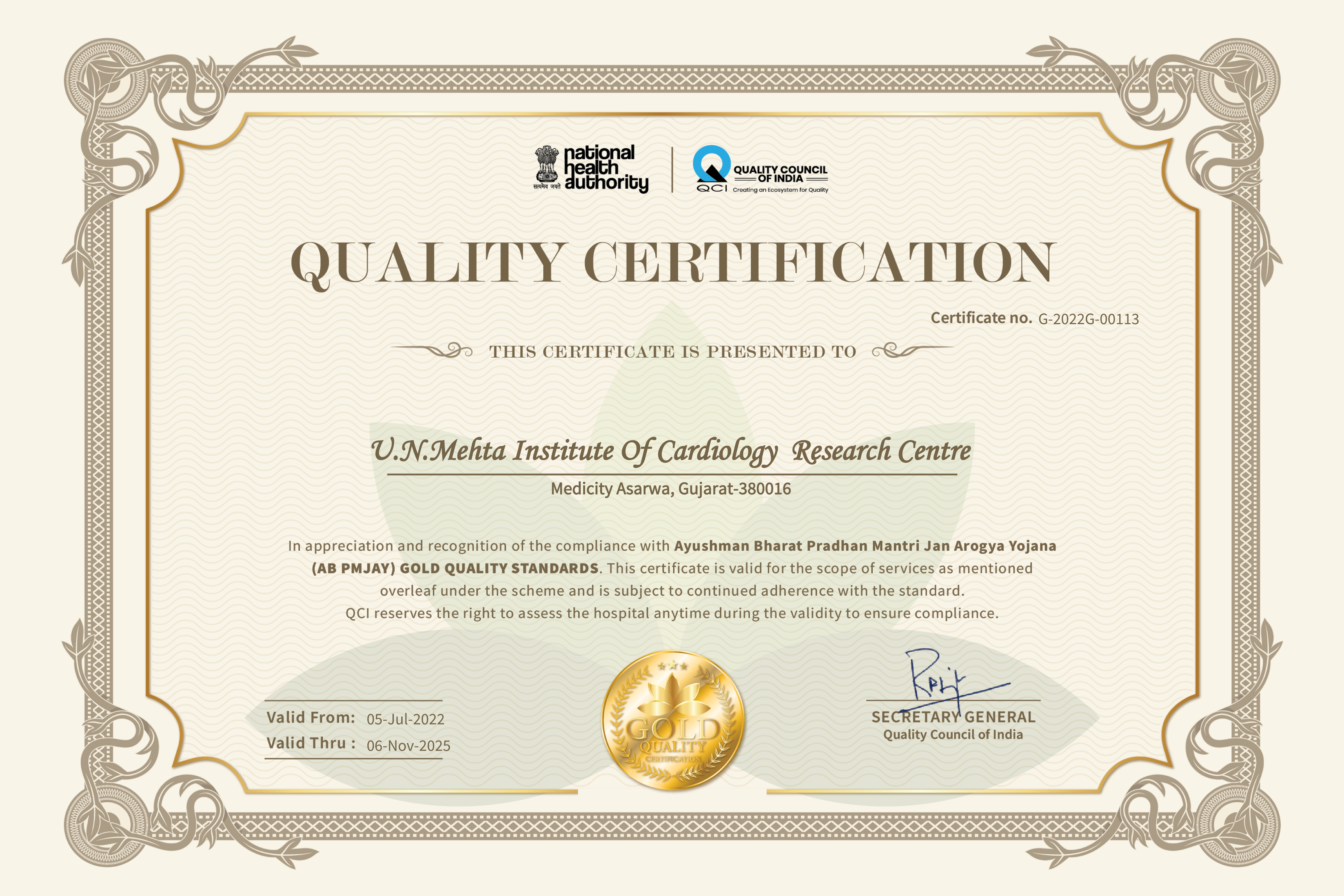 RENEWED CERTIFICATE OF GOLD QUALITY STANDARD