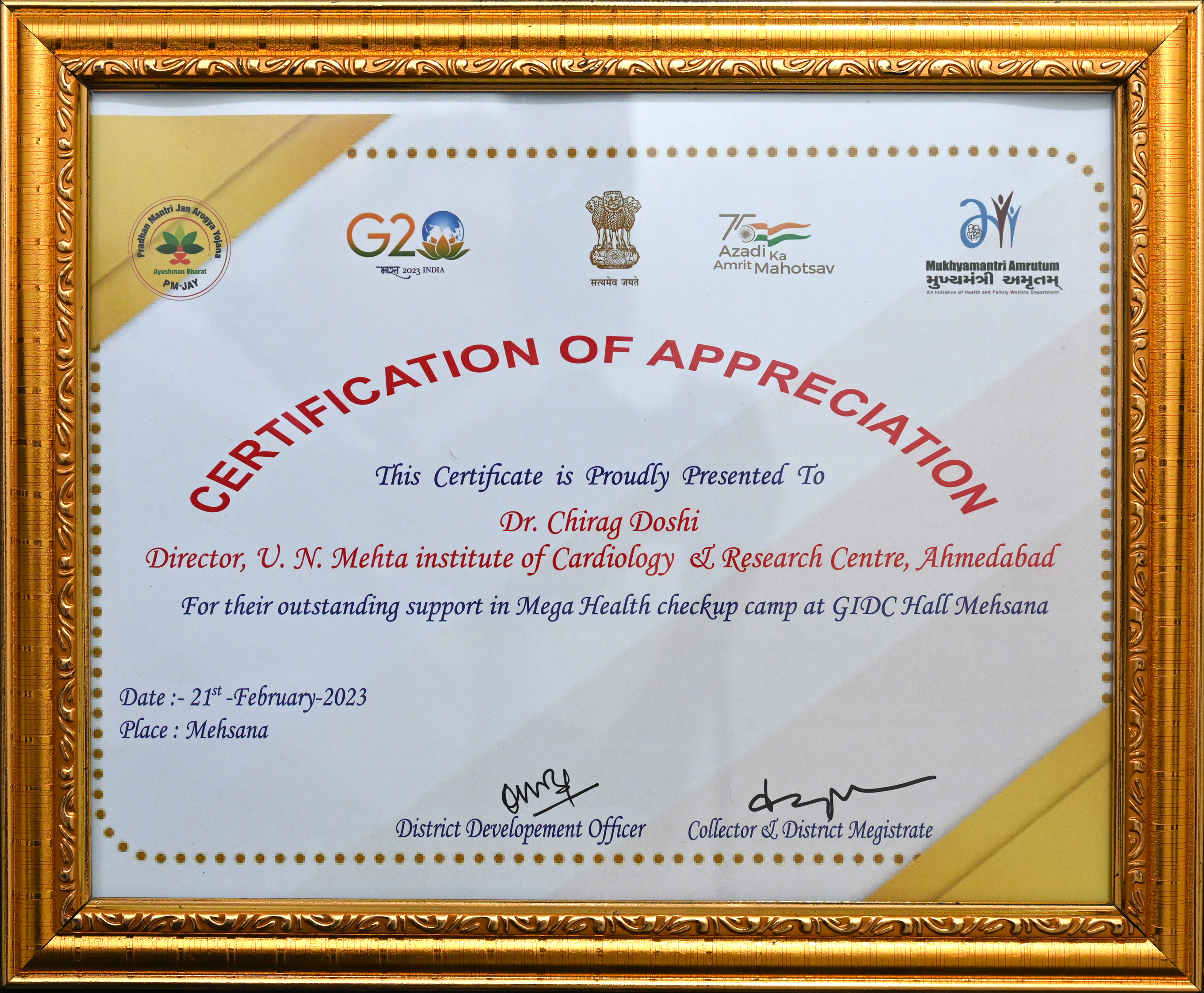 OUTSTANDING SUPPORT IN MEGA HEALTH CHECKUP CAMP AT GIDC HALL MEHSANA